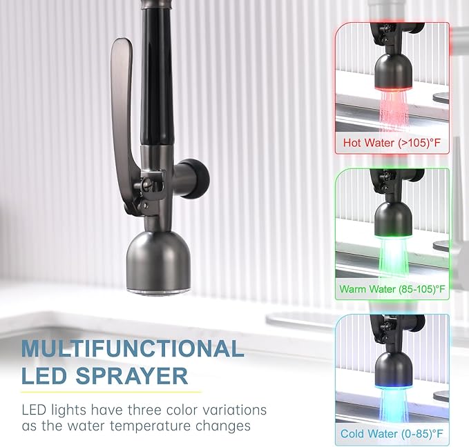 GIMILI Black Stainless Kitchen Faucet with LED Single Handle Kitchen Sink Faucet with Pull Down Sprayer Commercial Double-Headed Stainless Steel Kitchen Faucets Sink with Deck Plate