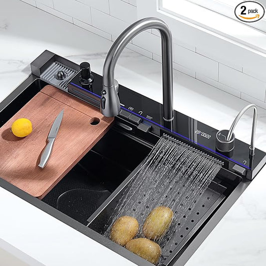 Lefton 29.5"x 18.25" 304 Stainless Steel Kitchen Workstation Sink with Pull-down Faucet, Waterfall & Rainfall Outlet, Temperature Display in Tempered Glass, Grey, KS2206