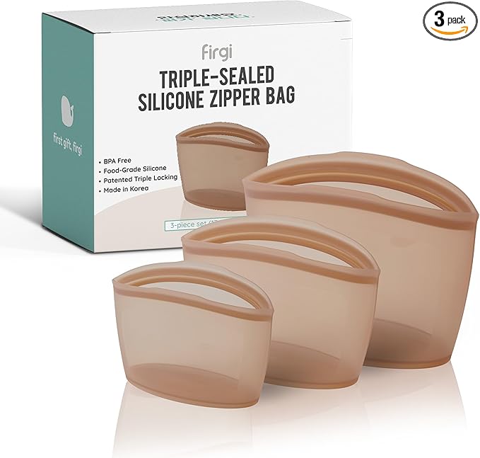 Reusable Silicone Food Storage Bags 3Set Airtight food Storage Containers Food Grade Silicone Snack Bags, BPA Free Food Storage Container, Microwave Safe, Sous Vide Container, Brown, 17oz+29oz+51oz