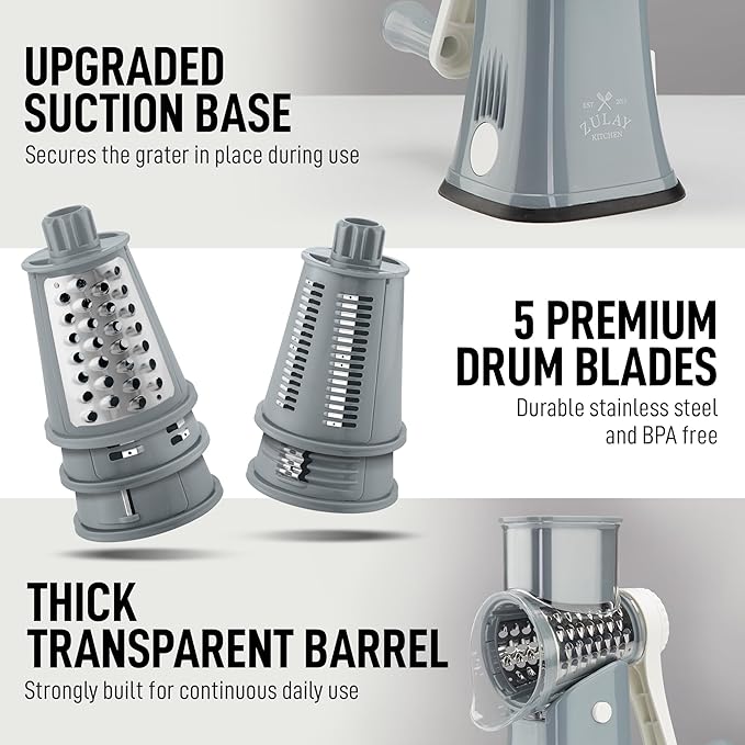 Zulay Kitchen Rotary Cheese Grater 5 Blade Cheese Shredder - Manual Hand Crank Cheese Grater With Reinforced Suction & 5 Interchangeable Drums - Easy to Use, Vegetable Chopper Round Mandoline Slicer