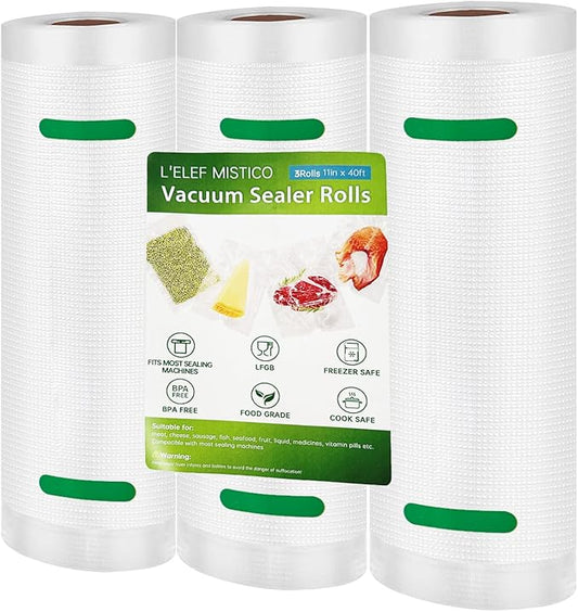 L'ELEF MISTICO Vacuum Sealer Bags for Food, 11''X40' (3 Rolls) BPA Free Food Saver Bags for Sealer, Customized Size Vacuum Storage Bags for Sous Vide or Meal Prep