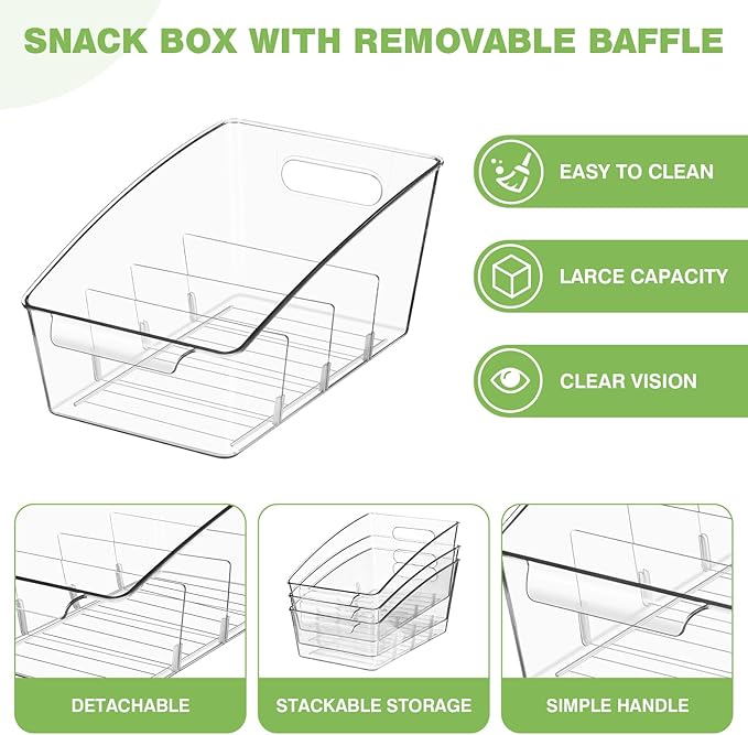 4 Pack Clear Pantry Organizer Storage Bins Removable Snack Organizer Plastic Cabinet Organizers Racks with 3 Dividers, Refrigerator Bins, Kitchen Storage