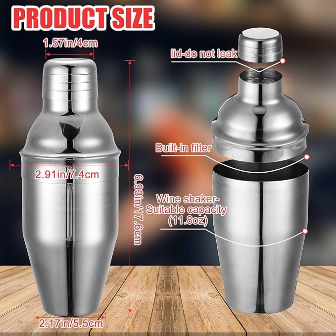 Nitial 6 Pcs Bar Cocktail Shaker Professional Stainless Steel Martini Drink Mixer with Built-in Strainer for Bartending No Leaks Boston Shaker for Bar Party Drink Mixing Tool(11.8 oz,Silver)