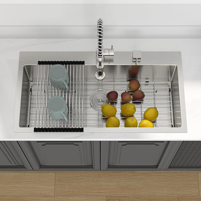 Lordear 36 Drop in Kitchen Sink - 36 x 19 Inch Topmount Kitchen Sink 16 Gauge Stainless Steel Single Bowl Deep Handmade Overmount Kitchen Sink with Drain Strainer