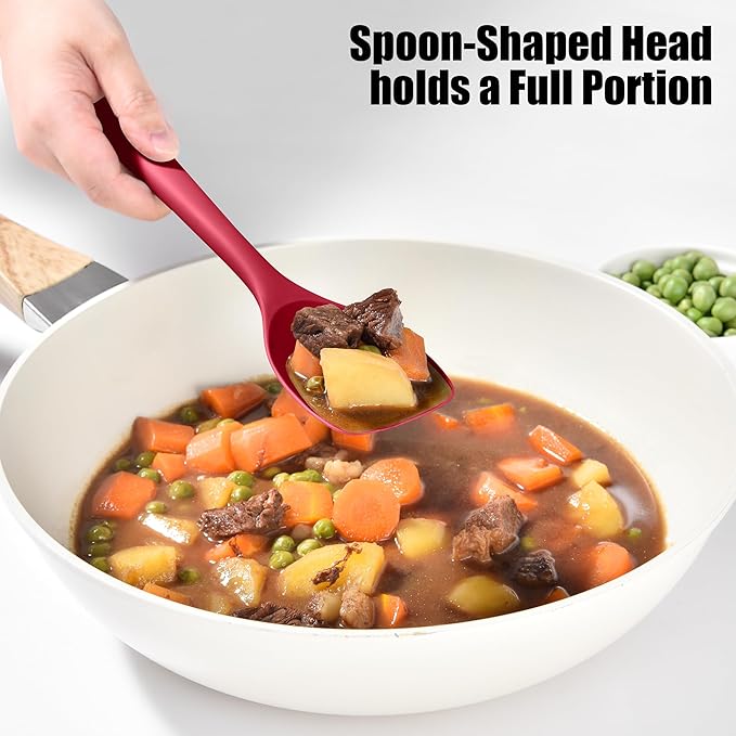 Doosu Silicone Spoon Spatula Set of 2, 600ºF Heat-Resistant Food Grade Rubber Spoonula with Seamless Design, Non-Stick Dishwasher Safe Kitchen Utensils for Cooking, Baking, Mixing, Scraping (Red)