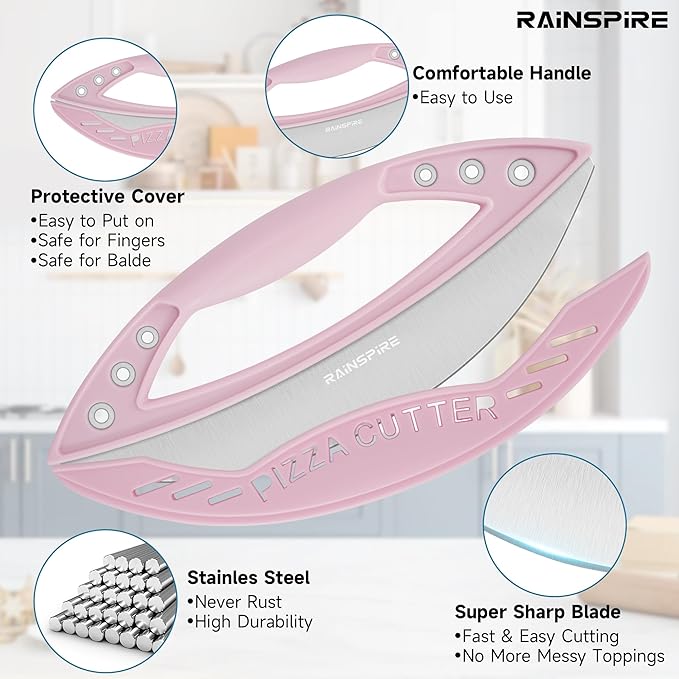 Rainspire 12" Pizza Cutter Rocker Blade Stainless Steel Pizza Rocker with Cover Sharp Blade Pizza Knife Dishwasher Safe Kitchen Gadgets Home Essentials, Pink