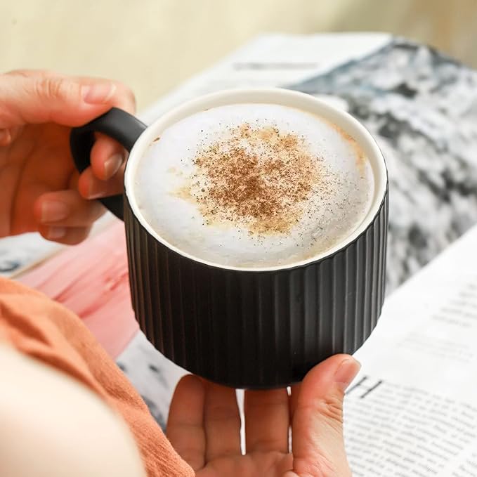 Hasense 15OZ Ceramic Stackable Coffee Mugs Set of 2, Large Porcelain Coffee Cups Set with Ribbed Design and Handle for Cappuccino, Latte, Cereal, Americano, Tea Bag and Beverage, Matte Black