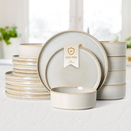 MONITO Ceramic Dinnerware Sets for 6, 18PCS Stoneware Plates and Bowls Sets, Reactive Glaze Dish Set, Chip and Scratch Resistant Double, Microwave and Dishwasher Safe, Beige
