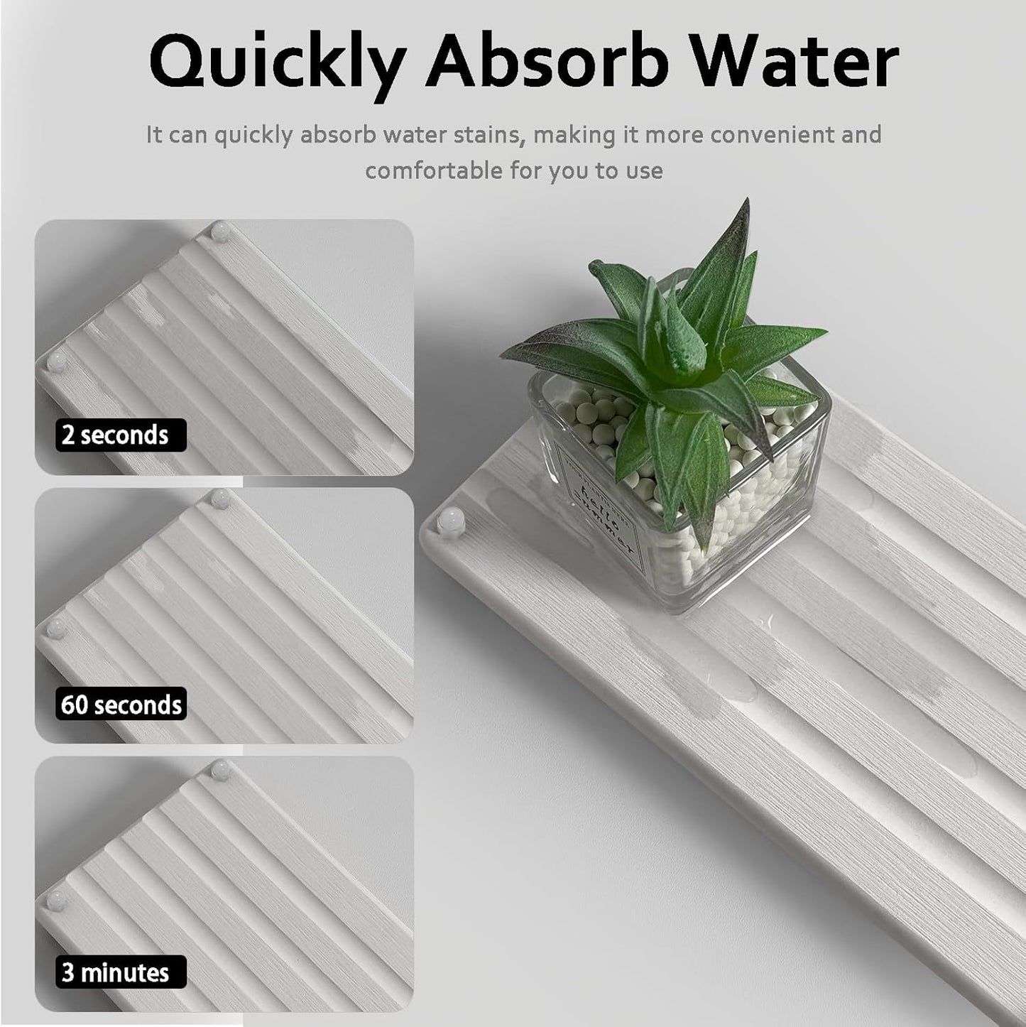 2 PCS Water Absorbing Stone Trays for Bathroom Counter, Fast-Drying Faucet Mat for Kitchen Sink, Diatomite Sink Caddy, Hand Soap Holder with Anti-Skid Feet (9.5" x 4.7" White)