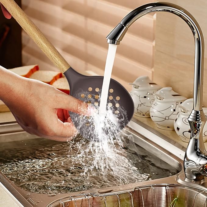 Silicone Cooking Utensils Set - 446°F Heat Resistant Silicone Kitchen Utensils for Cooking,Kitchen Utensil Spatula Set w Wooden Handles and Holder for Non-Stick Cookware, BPA FREE (Coffee)