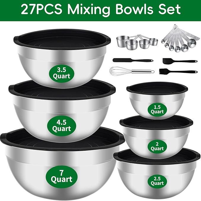 Mixing Bowls Set, 27PCS Stainless Steel Mixing Bowl with Lid Set, Large Nesting Bowls 7, 4.5, 3, 2.5, 2, 1.5QT, Measuring Cups and Spoons Baking Utensils Metal Bowl for Kitchen Prep