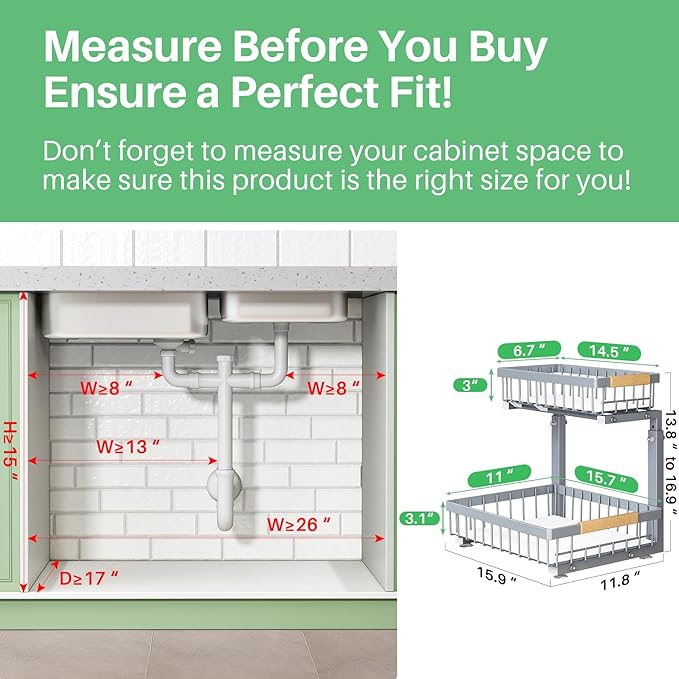 Under Sink Organizer, 2 Packs 2 Tier Under Sink Organizers and Storage, Slide out Pull out Cabinet Organizer Shelf, Metal Sliding Drawer for Kitchen Bathroom Pantry Closet Rack(Grey)
