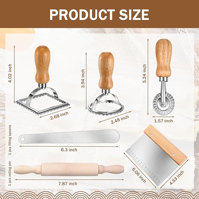 Baderke 9 Pcs Pasta Making Tool Set Include 1 Bamboo Drying Rack 1 Ravioli Press 1 Gnocchi Board 1 Cutter 1 Rolling Pin 1 Filling Spoon 3 Ravioli Stamp for Pasta Maker