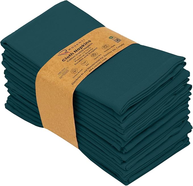 Ruvanti Cloth Napkins Set of 12, 18x18 Inches Napkins Cloth Washable, Soft, Durable, Absorbent, Cotton Blend. Table Dinner Napkins Cloth for Thanksgiving, Halloween Dinners Parties - Deep Teal