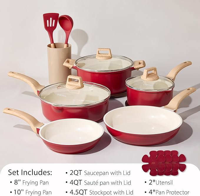 CAROTE 14 Pcs Ceramic Cookware Set, Pots and Pans Set Non Stick with Ceramic Coating, Induction Kitchen Sets, Red