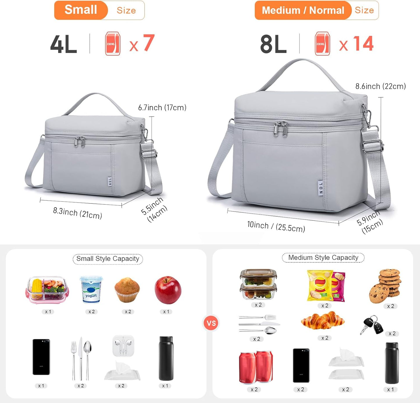 NOL Natural Organic Lifestyle Insulated Lunch Bags for Women Cooler Bag Lightweight Nylon Waterproof Lunch Box For Work (Small，Gray White)