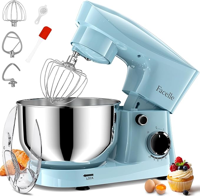 Facelle Stand Mixer, 10-Speed 6QT Kitchen Electric Mixer, Tilt-Head Food Mixer with Beater, Dough Hook, Wire Whip and Egg Separator, scraper for Most Home Cooks - Blue