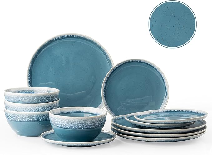 Plates and Bowls Sets, 12 Pieces Blue Dinnerware Sets for Kitchen, Reactive Glaze Dishes Set for 4, Dishwasher and Microwave Safe, Series Starflecked Shore (Blue)