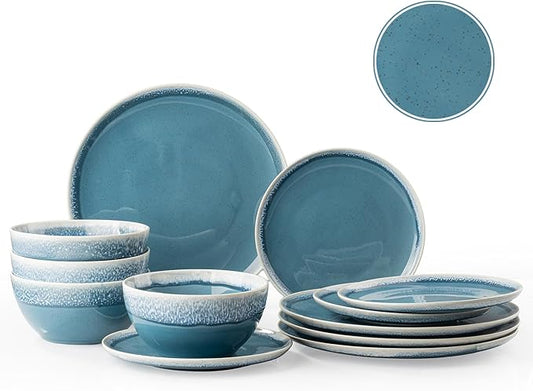 Plates and Bowls Sets, 12 Pieces Blue Dinnerware Sets for Kitchen, Reactive Glaze Dishes Set for 4, Dishwasher and Microwave Safe, Series Starflecked Shore (Blue)