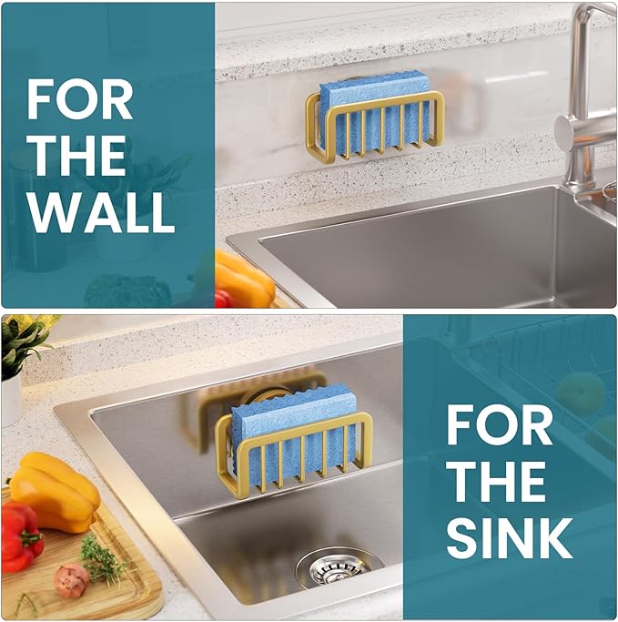 TAILI Sponge Holder for Kitchen Sink with Strong Suction Cup, Rustproof Aluminum Sink Caddy for Sponges, Removable Sponge Holder, Dish Brush for Scraper - Gold