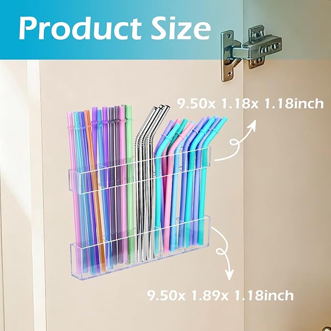 9.5" Large Acrylic Straw Holder for Cabinet Door – Kitchen Cabinets Straws Organizer, Reusable Tumbler, Small Kitchens Accessories Storage Container (Transparent)