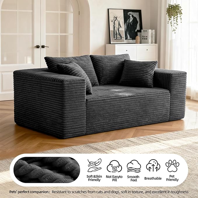 2-Seater Deep-Seat Corduroy Lounge Sleeper Sofa - No Assembly, Frameless Foam Cloud Couch for Living Room, Bedroom, Apartment, Dorm, Office