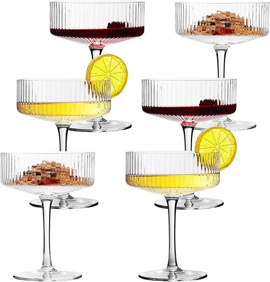 6 Pcs Ribbed Coupe Cocktail Glasses, 10 oz Classic Old Styling Martini Glass Set with Gift Box Packaging Elegant Hand Blown Manhattan Goblet for Cocktail, Champagne, Bar and Gift (6)