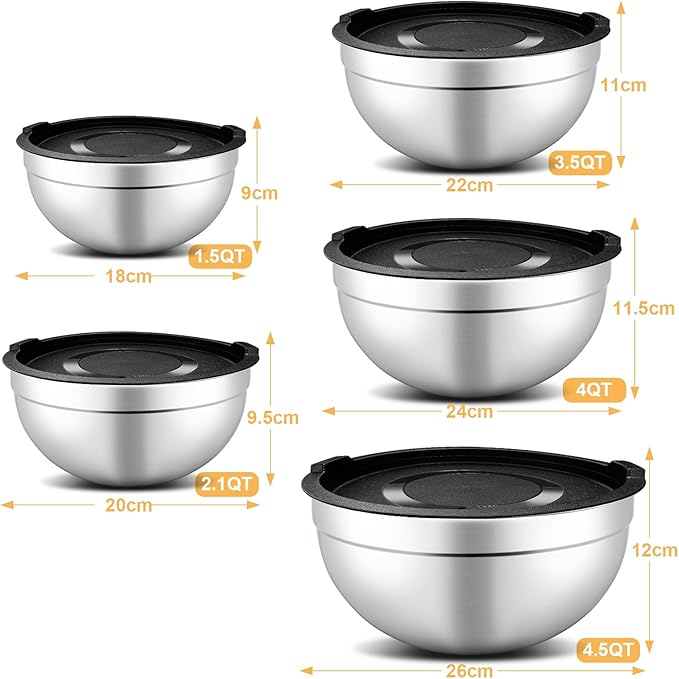5 Piece Mixing Bowl Set, Mixing Bowls with Lid, Stainless Steel Mixing Bowls for Baking, Size 1.5, 2.1, 3.5, 4, 4.5QT, Baking Bowl for Food Preparation, Mixing and Serving Foods