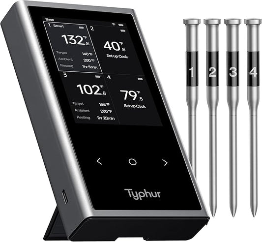 Typhur Sync Wireless Quad Gen 2 Meat Thermometer | 4 Probes | 6 Sensors | LCD Display | WiFi and Bluetooth 5.3 | Improved Stability and Range | IPX8 Waterproof | for BBQ, Grill, Smoker, Oven, Kitchen