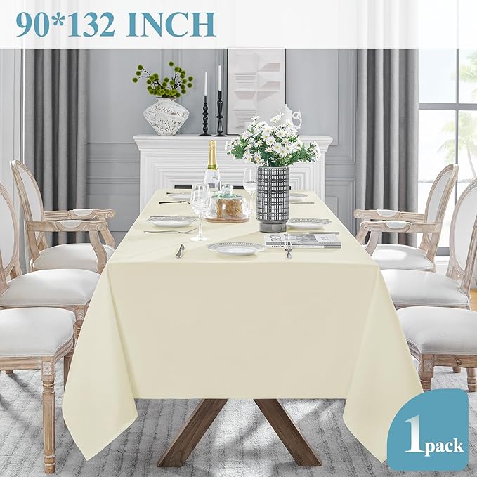 VidaFete Tablecloth 90 * 132inch Rectangle Table Cloth Polyester, Stain Wrinkle Resistant Polyester Dining Table Cover for Kitchen Dinning Party Wedding Rectangular Tabletop Buffet Decoration(Ivory)