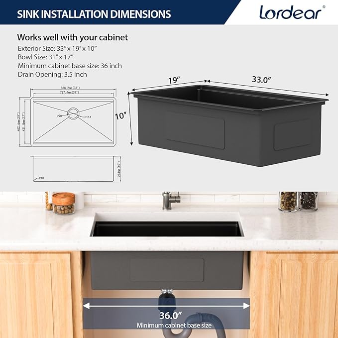 Lordear 33 Undermount Kitchen Sink Matte Black 33X19 Inch Sinks Ledge Workstation16 Gauge Stainless Steel Single Bowl Under Counter Kitchen Sink Basin with Built- in Accessories