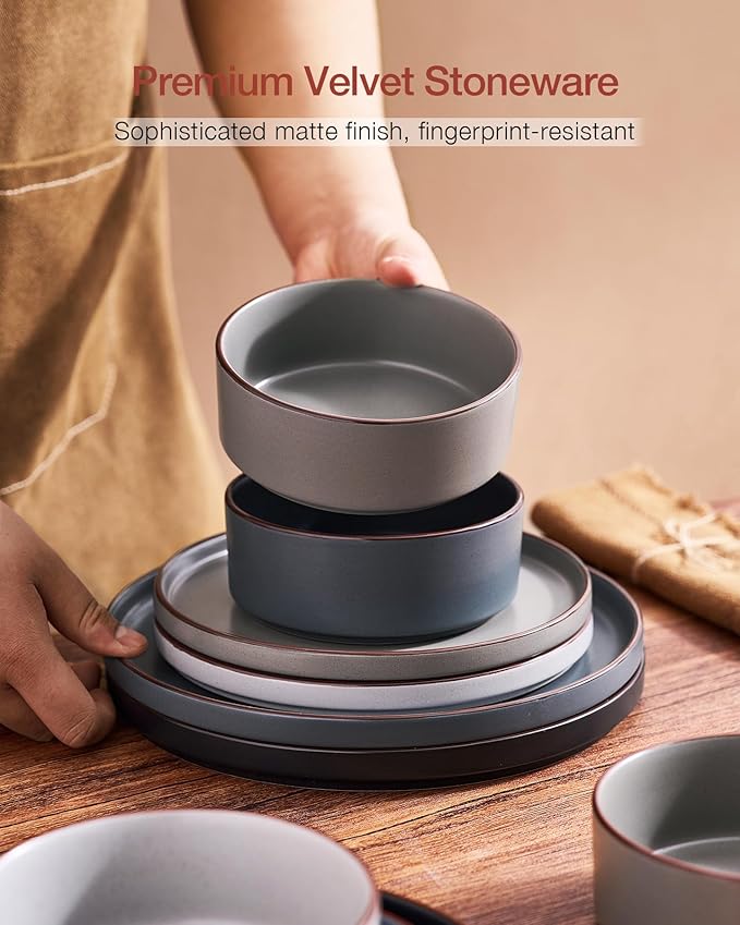 Famiware Nebula Ridge Stoneware Dinnerware Sets for 8, 24 Pieces Plates and Bowls Sets, Dishes Set, Microwave and Dishwasher Safe Kitchen Plates, Multi-color