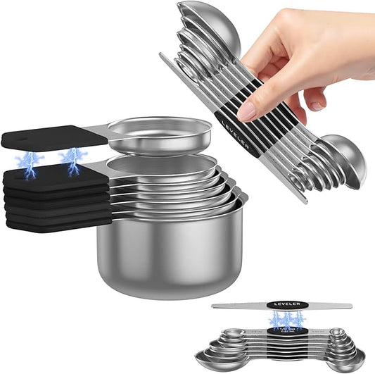 Magnetic Measuring Cups and Spoons Set - 304 Stainless Steel | Dual-sided Design | Set of 15 with Leveler | Strong N52 Magnetic Nesting Design | for Dry & Liquid Ingredients (Black)