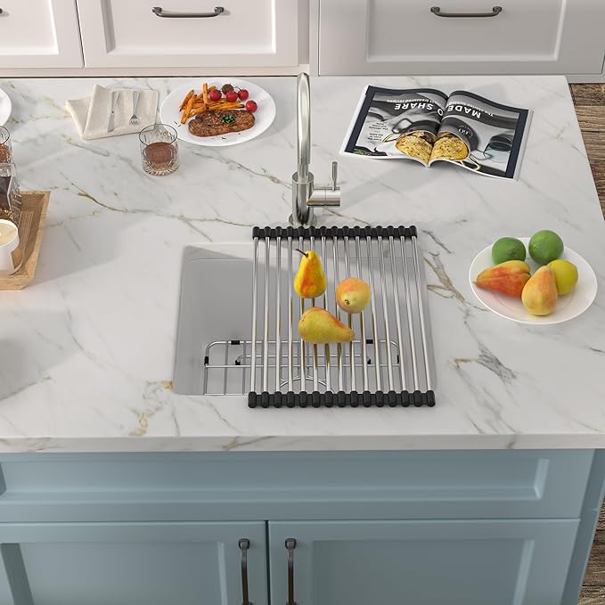 18"x16" Undermount Bar Prep Sink – White Granite Composite Quartz Classic Under Counter Single Bowl Sink Basin for Wet Bar, RV, Small Kitchen, Mobile Home