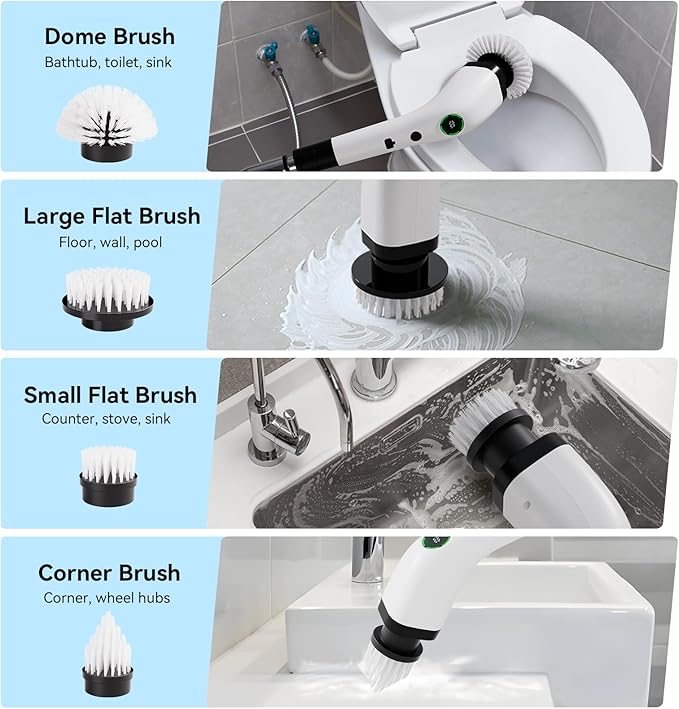 Electric Spin Scrubber, Cordless Cleaning Brush Scrubber with Battery LCD Display for Bathroom, Kitchen and Home, Adjustable Extension Handle, Full Body Waterproof IPX7, 8 Replaceable Brush Heads