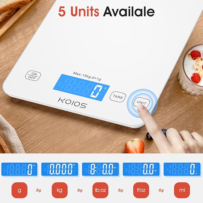 KOIOS Kitchen Scale, 33lb/15kg Digital Food Scales Weight in Grams and Ounces for Cooking Baking, 1g/0.1oz Precise Graduation, Batteries and Type-C Charging, Tare Function, LCD Display, White