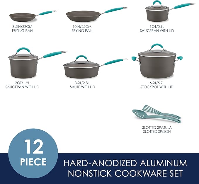 Rachael Ray Cucina Hard Anodized Nonstick Cookware Pots and Pans Set, 12 Piece, Gray with Blue Handles