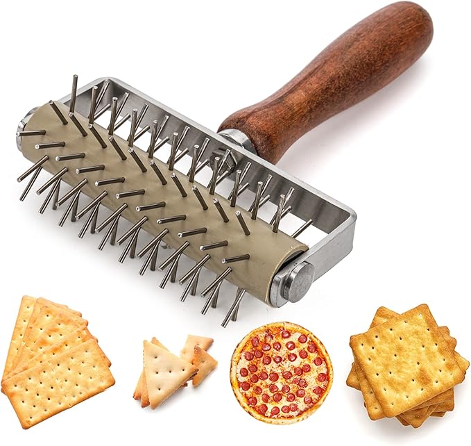 Hiceeden Set of 2 Pizza Dough Roller & Dough Docker, Stainless Steel Dough Hole Maker Puncher Wooden Rolling Pin for Pizza, Cookie, Pie, Pastry, Bread, Crust