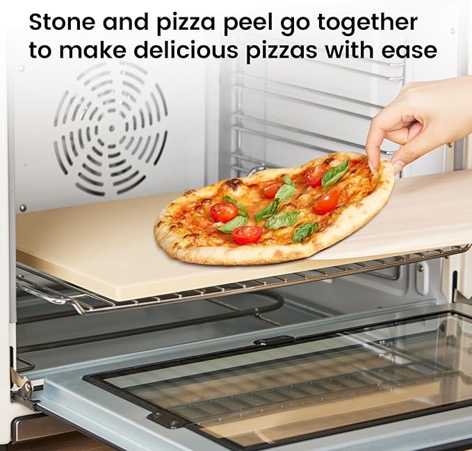 Pizza Stone Set, 15"x12" Rectangular Pizza Stone for Oven Grill BBQ with Wooden Pizza Peel & Oven Mitts, Cordierite Baking Stone for Bread, Unique Built-in 4 Handles Cooking Stone