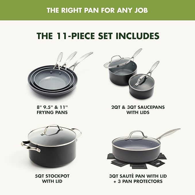 GreenPan 11 Piece Valencia Pro Ceramic Nonstick Cookware Set, PFAS-Free, Induction Ready, Hard Anodized Pots & Pans with Lids, Compatible on All Cooktops, Dishwasher & Oven Safe, Gray