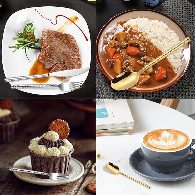 50-Piece Gold Hammered Silverware Flatware Cutlery Set Service for 10,304 Thickened Stainless Steel Cutlery Knife,Fork and Spoon Set,Dishwasher Safe,Gift Package for Wedding Housewarming