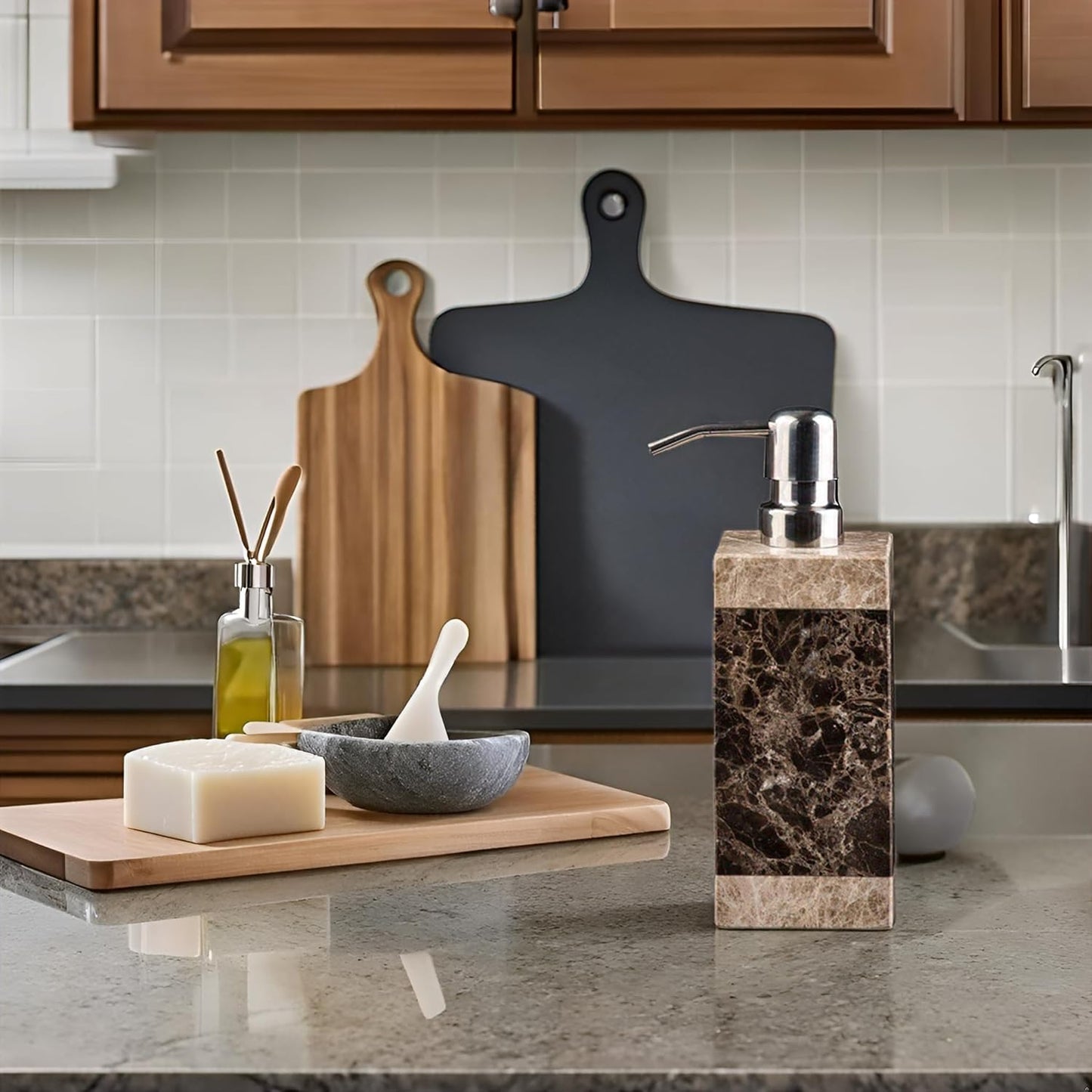 Hand Liquid&Lotion Soap Dispenser Pump Bottle Natural Marble for Kitchen Bathroom Countertop Laundry Room Holds Dish Soap Shampoo Laundry Liquid Shower Gel(Coffee Colour)