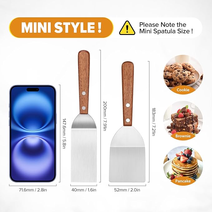 Small Metal Spatula Set,Mini Wooden Spatulas for Kitchen Use,Tiny Griddle Solid Stainless Steel Spatula With Wood Handle for Cake Fish Cookie,Grill Chef Baking Scraper Spatula Turner,2 Pack,Sliver