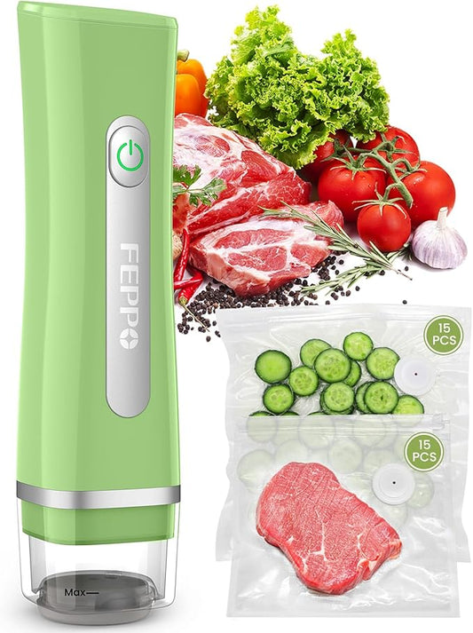 FEPPO Vacuum Sealer for Food with Visible Water Tank, Handheld Saver Compact Vacuum Sealer Machine with 30 Reusable Bags for 6X Preservation & Fresh, Light Green