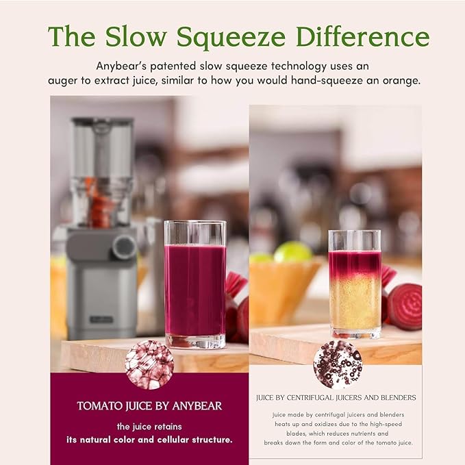 Anybear Slow Juicer, 200W Cold Press Juicer 4.3" Large Feed Chute Fit Whole Fruits Vegetables | Heavy-Duty Auger | Tritan Material | BPA Free | Juice Recipes (Silver Gray)