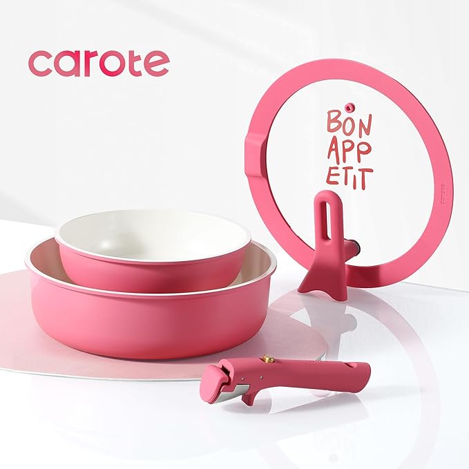 CAROTE Ceramic Pots and Pans Set Non Stick, Nonstick Kitchen Cookware Sets with Lid, Detachable Handle Sauté Pan Set, Non Toxic Frying Pan, Oven Safe, Induction Ready, Pink