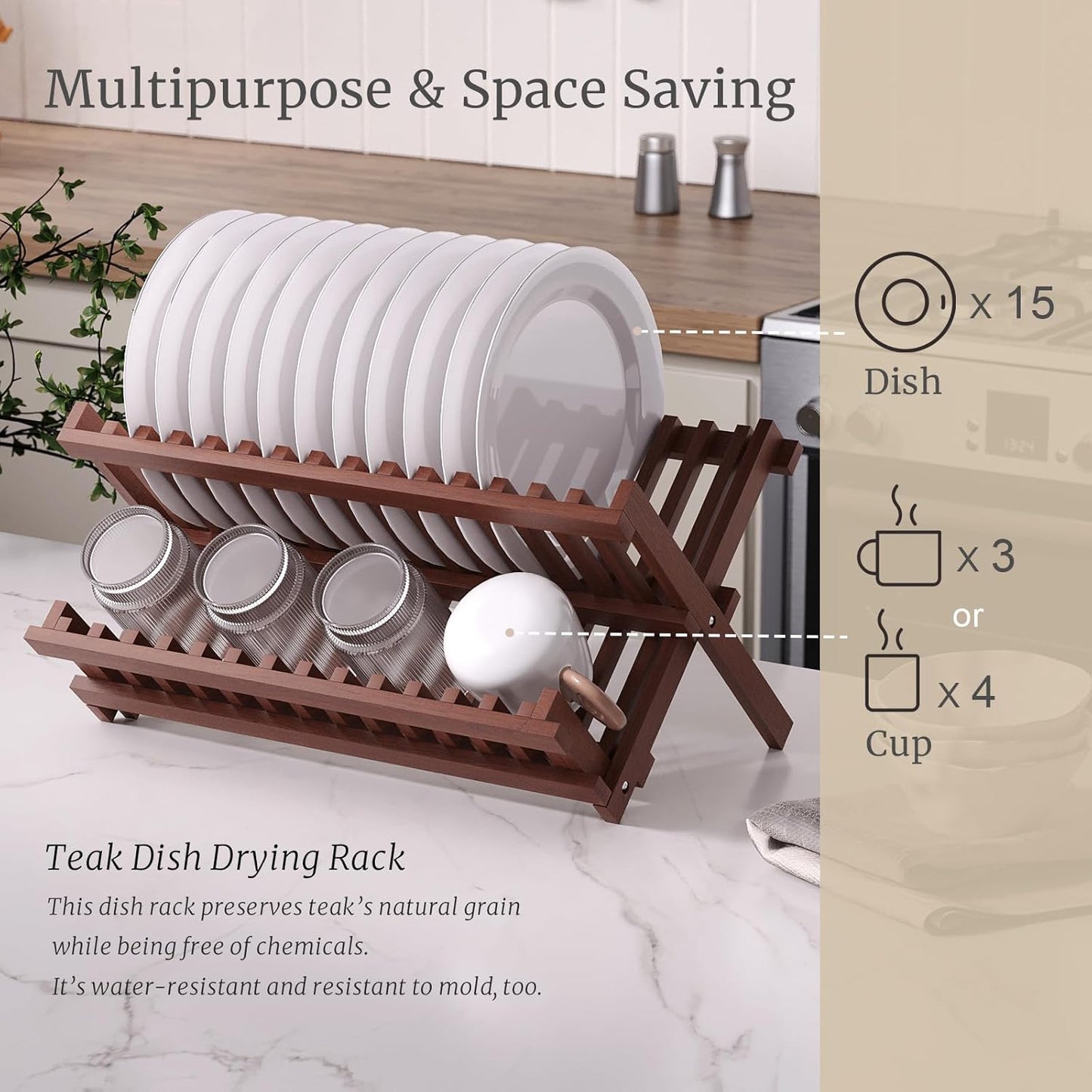 Teak Dish Drying Rack,Folding Collapsible Drainer Plate Organizer Holder for Kitchen,Foldable Spice Rack for Countertop and Cabinet,Pantry Organization and Storage