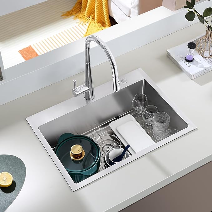 27x18 Inch Drop in Kitchen Sink, 18 Gauge Stainless Steel Handmade Single Bowl Kitchen Sink 9'' Deep Basin Bowl with Grid, Brushed