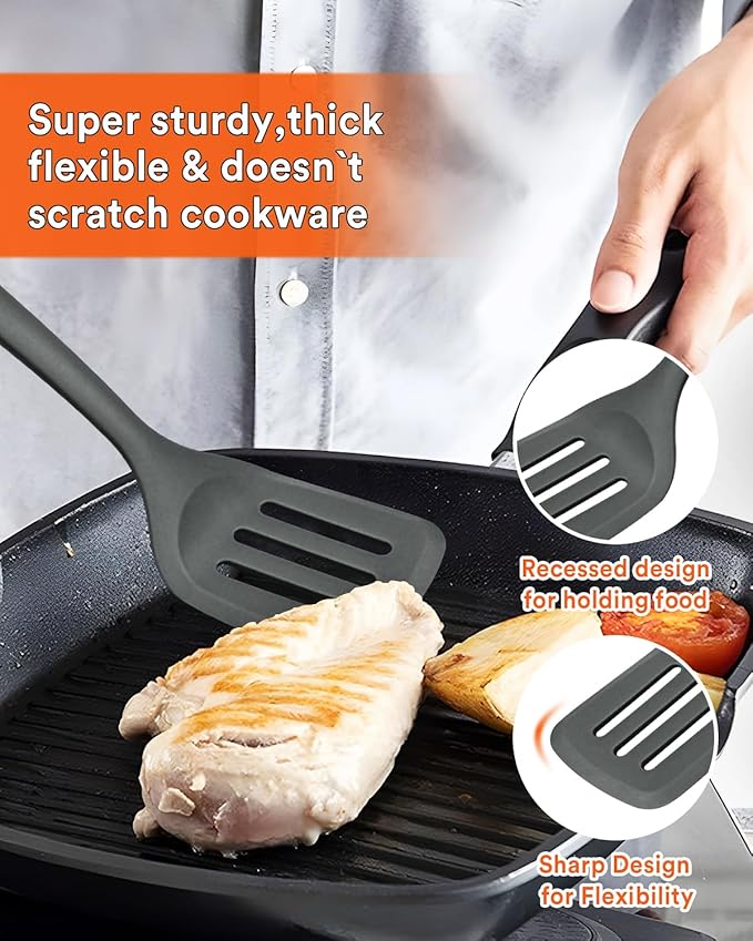 Kitchen Utensils Set, 13PCS Silicone Cooking Utensils, Heat Resistant Kitchen Utensil Spatula Set for Nonstick Cookware, Wooden Handles Kitchen Gadgets Tools Set