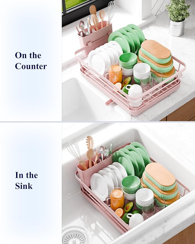 Kitsure Dish Drying Rack for Kitchen Counter, Stainless Steel Sink Organization and Storage Essentials with Cutlery Holder, Home and Appartment Decor, 12''W x 15.5''L, Pink